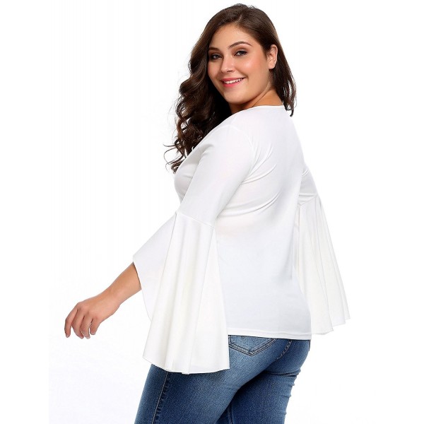 Plus Size Women V Neck Solid Floral Bell Sleeve Blouse Tunic Shirts ...
