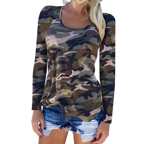 Womens Long Sleeve T-Shirts Casual Camouflage Printed O-Neck Tops Plus ...