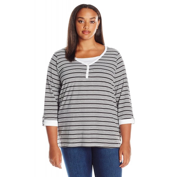 Women's Plus Size 3/4 Stripe Top With Roll Tab Sleeves - Arctic White ...