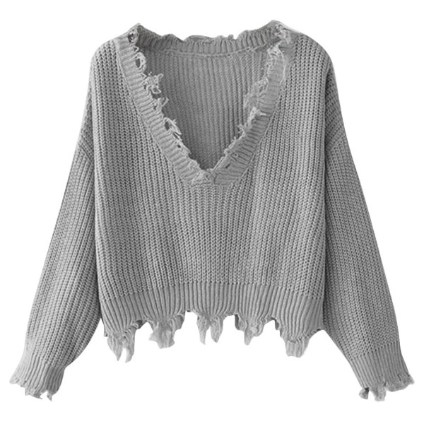 Beste Women's Loose Long Sleeve V-Neck Ripped Pullover Knit Sweater Crop AR-98