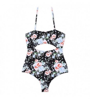 Floral Print One Piece Swimsuit- Halter Bandeau Cut Out Bathing Suit ...