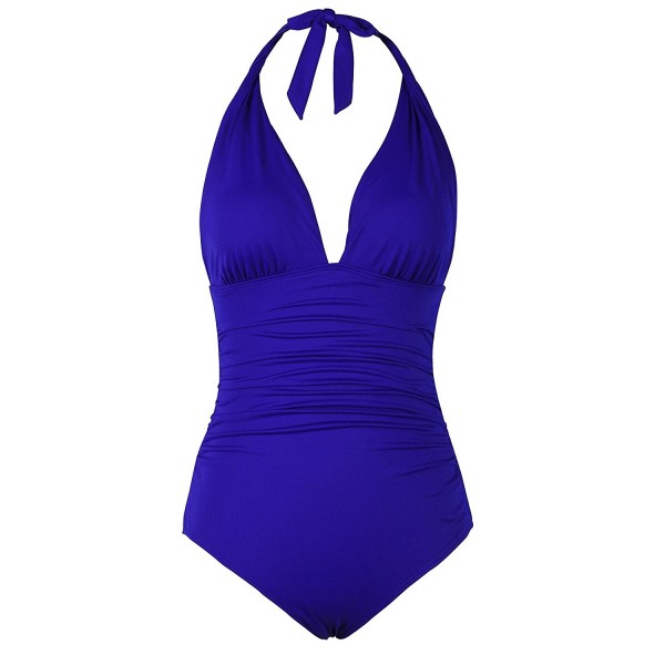 Women's Retro 50s One Piece Swimsuit V Neck Halter Ruched Bathing Suit ...