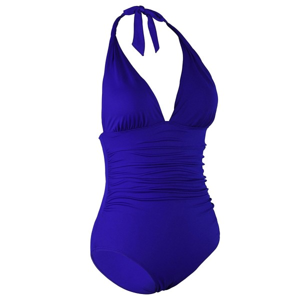Women's Retro 50s One Piece Swimsuit V Neck Halter Ruched Bathing Suit ...