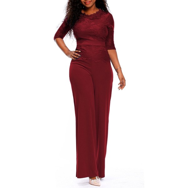 lip broeden Vlot Women's Long Sleeve Lace Jumpsuit High Waisted Wide Leg Club Cocktail  Playsuit Romper - Maroon - CS188RQ0KWU