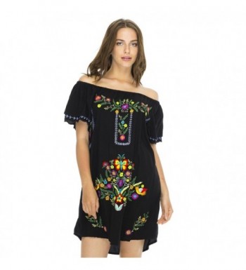 Womens Short Dress Off Shoulder Embroidery Tunic Mexican Style - Black ...