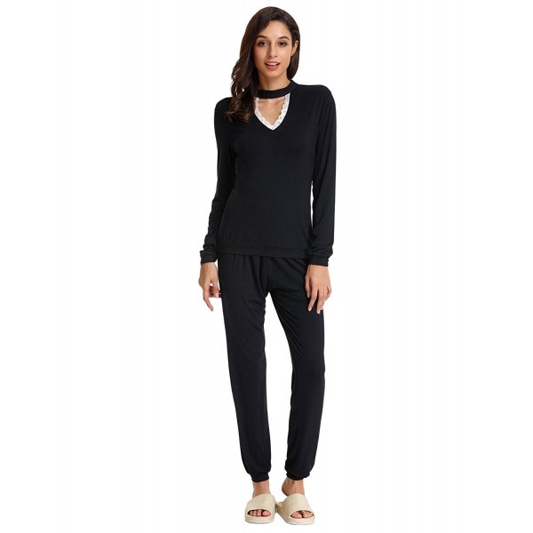 Women Pajama Set Lace Neck Tops & Pants Soft Loungewear ZE0070 - Black ...
