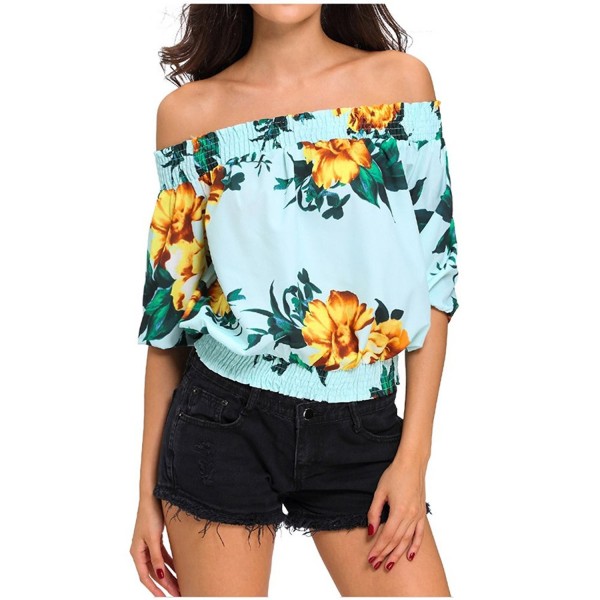Women's Smocked Off The Shoulder Top Floral 3/4 Sleeve Strapless Blouse ...