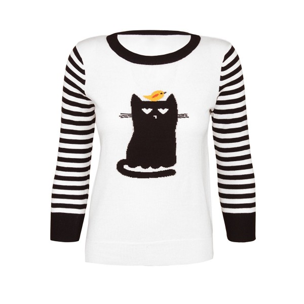 Cat Face Striped Sleeve Pullover Knit Sweater - White (Cat & Bird ...