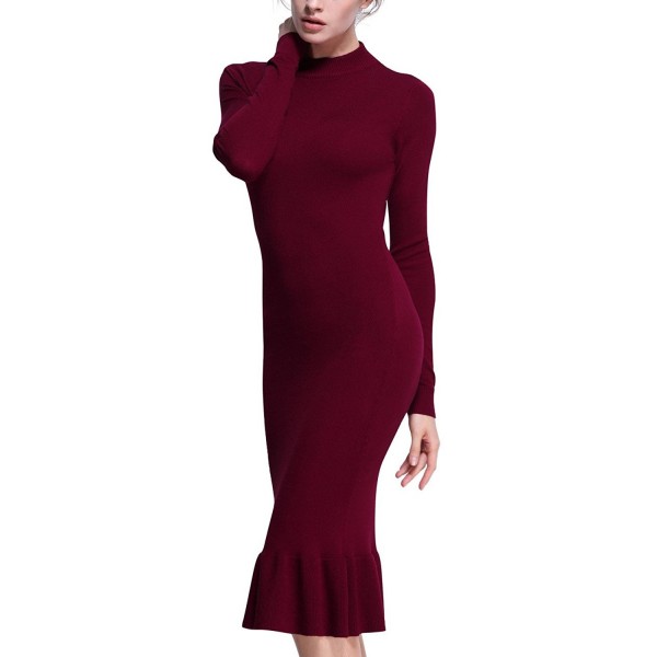 Women's Bodyon Knit Dress Mermaid Mock Neck Long Sleeve - Red - CH120L9GZAJ