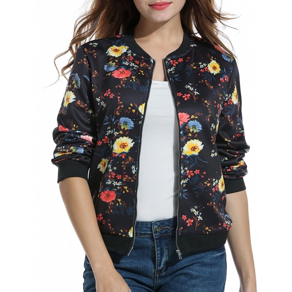 Womens Classic Zipper Floral Printed Jacket Short Bomber Jacket Coat ...