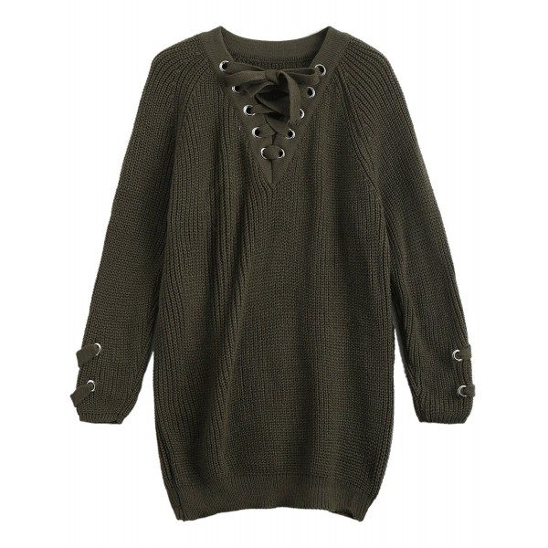 Women's Lace Up Front V Neck Long Sleeve Knit Pullover Sweater Mini ...