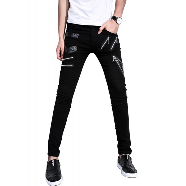 Rock Punk Men's Patch PU Leather Hip Hop Skinny Biker Pants - Black ...