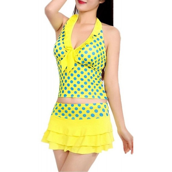 Women's Polka Dot Halter Push Up Slim Tankini Padded Swimsuit - Yellow ...