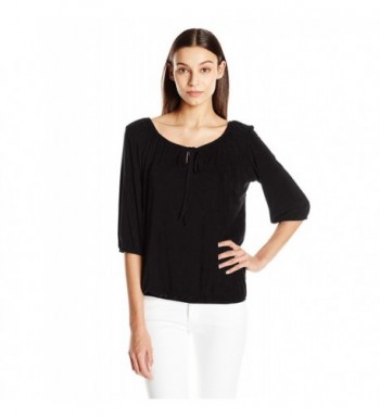 Women's Elbow-Sleeve Peasant Top With Keyhole Tie - Black - CW129VCRAVF
