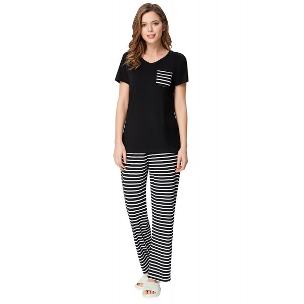Women Spring Pajama Set Short Sleeve Top & Striped Pants PJS Sleepwear ...