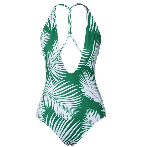 Women's Palm Leaves Print Deep V Neck High Waisted Cross One-piece ...