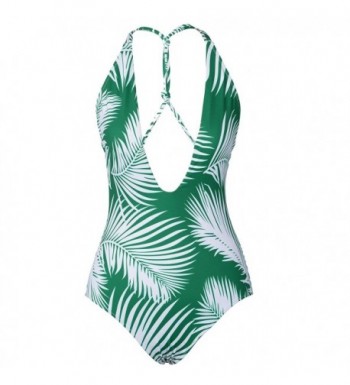 Women's Palm Leaves Print Deep V Neck High Waisted Cross One-piece ...