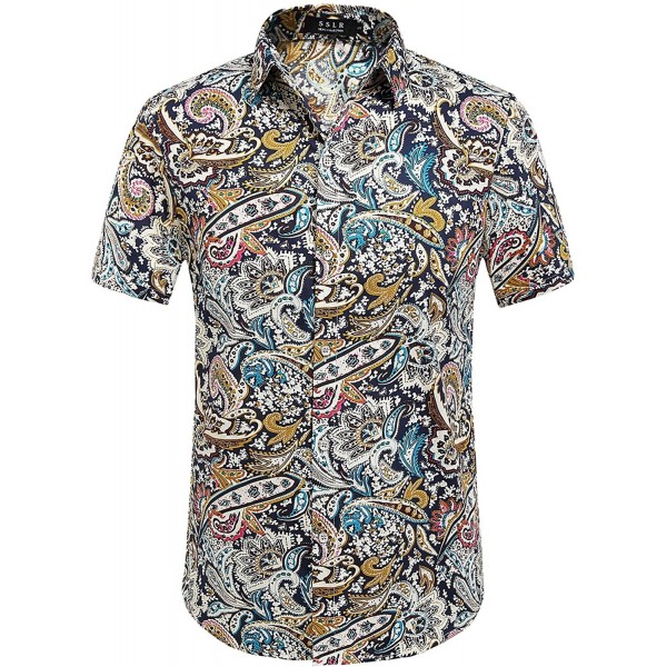 Men's Flower Casual Button Down Short Sleeve Shirt - Blue Red (Afd-169 ...