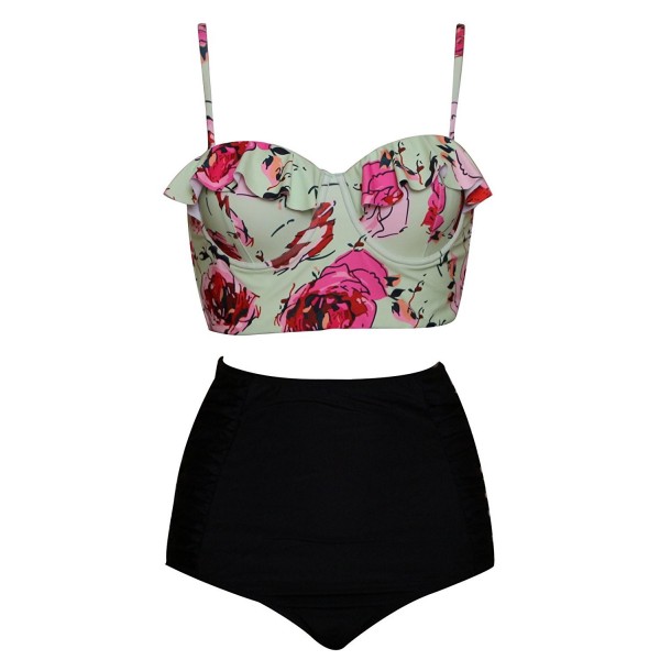 Women's Retro Ruffle Floral Print High Waist 2PCS Bikini Sets Beachwear ...