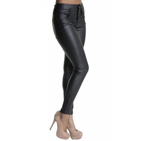 Women's Black Highly Elastic Slim Faux Leather Pencil Pants - Black 2 ...