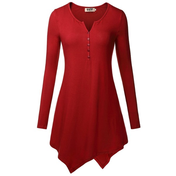 Women's Henley Neck Long Sleeve Hankerchief Hemline Tunic Top - Wine ...