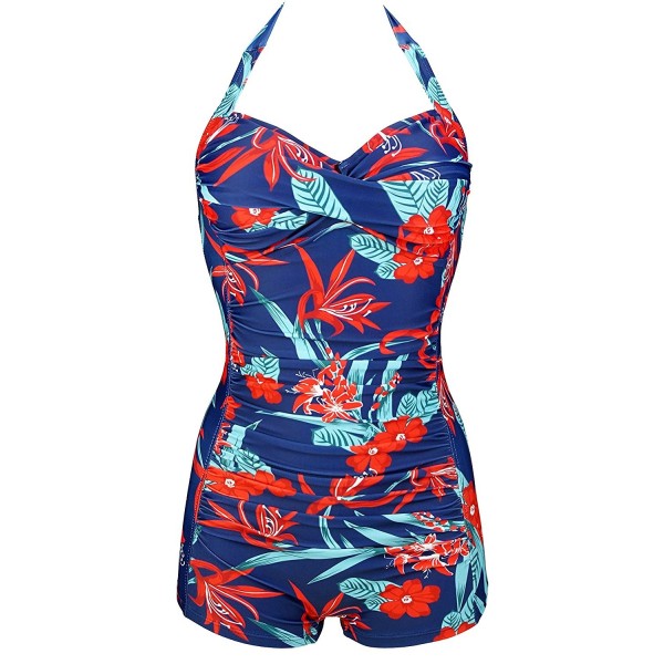 Women's Elegant Floral Retro Boy-Leg One Piece Ruched Maillot Front ...