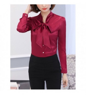 DPO Women's Button Down Bow Tie Vintage Shirt V Neck Long Sleeve Blouse ...