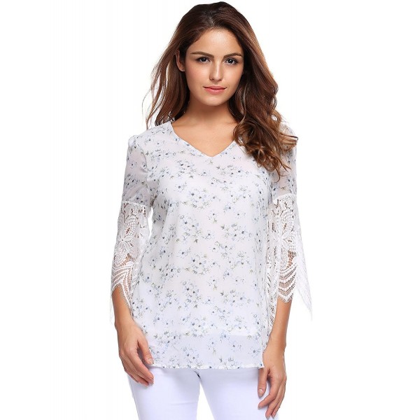 Womens Casual Chiffon Ladies V Neck Lace 3/4 Sleeve Blouse Tops ...