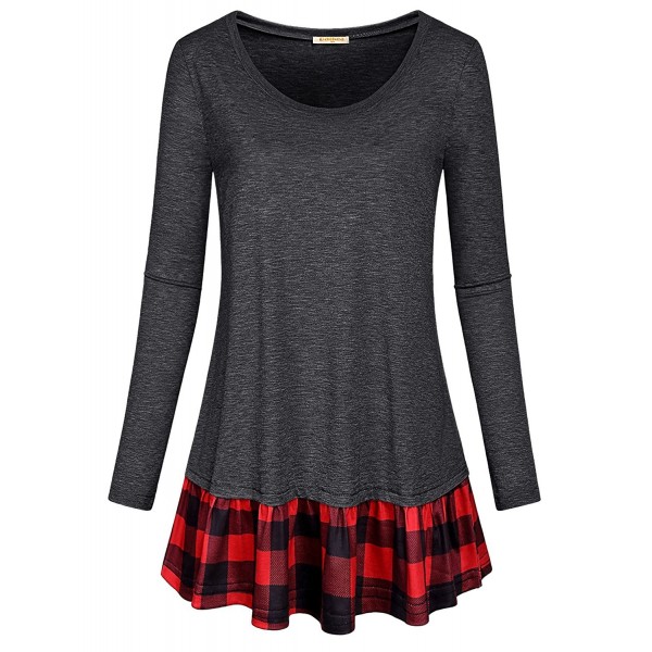 Women's Round Neck Layered Tunic Tops With Plaid Flare Hem - Black ...