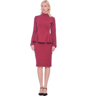 Womens Vintage Sleeve Office Work Peplum Pencil Midi Dresses - Burgundy ...