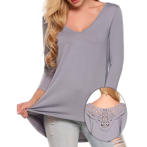 Women's 3/4 Sleeve V-Neck T Shirt Loose Back Hollow Lace Tunic Top S ...