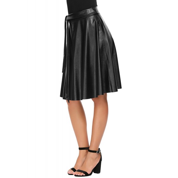 Women's PU Leather Midi Skirt Pleated High Waist Swing Skate Skirt With ...