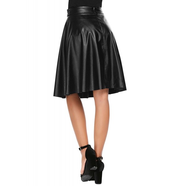 Women's PU Leather Midi Skirt Pleated High Waist Swing Skate Skirt With ...
