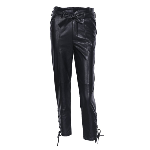 Women's Sexy High Waist Lace Up Belted Straight Leather Pants - Black ...