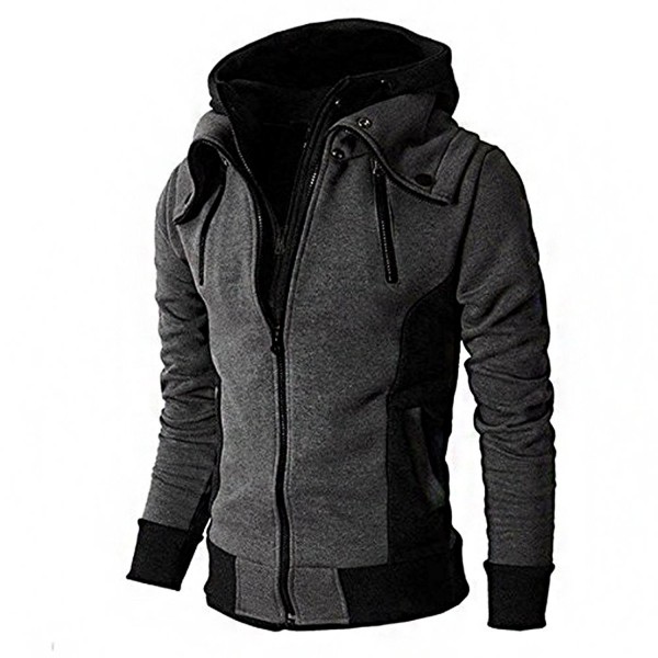 Men's Double Zipper Hooded Jacket Turtleneck Fleece Hoodie Coat - Dark ...