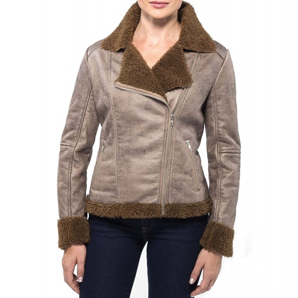 EVA Womens Faux Shearling Coat Asymmetrical Biker Jacket - Brown ...