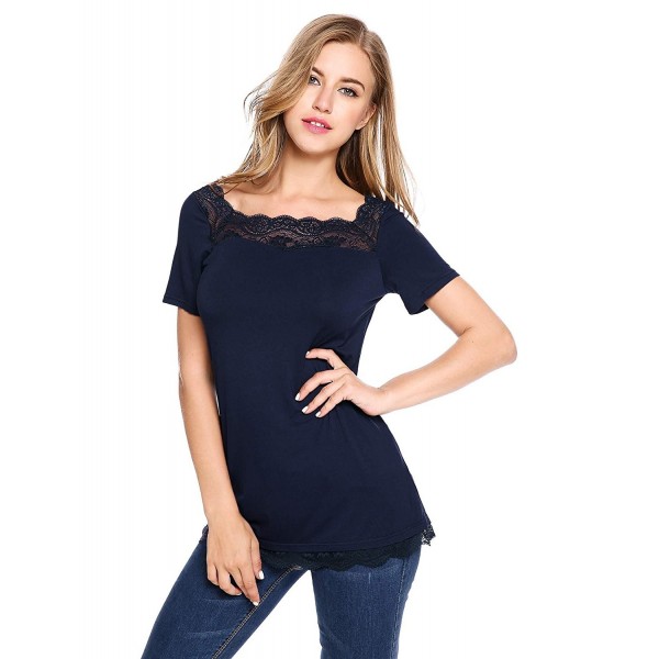 Womens Short Sleeve Loose Tops Solid Basic Lace Trim Patchwork T Shirts ...