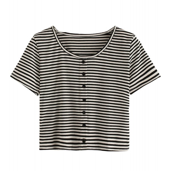 Women's Short Sleeve Striped Casual T-shirt Crop Top with Buttons ...