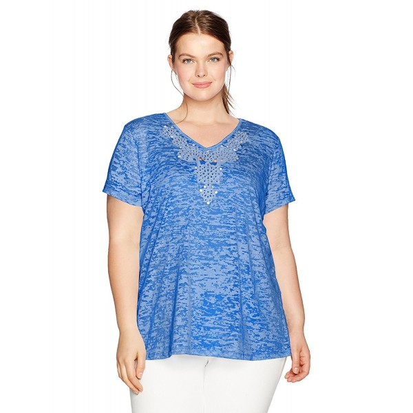 Women's Plus Size Textured Burnout Knit Short Sleeve With Embellished ...