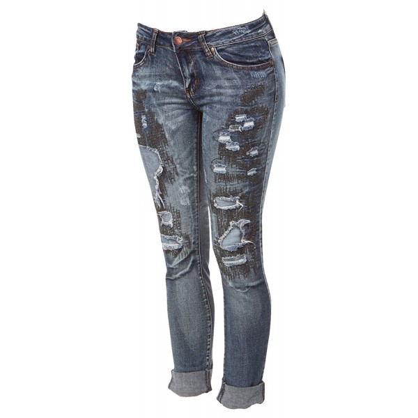 Ripped Distressed Patched Skinny Stretch Jeans For Women Bottom Cuff ...