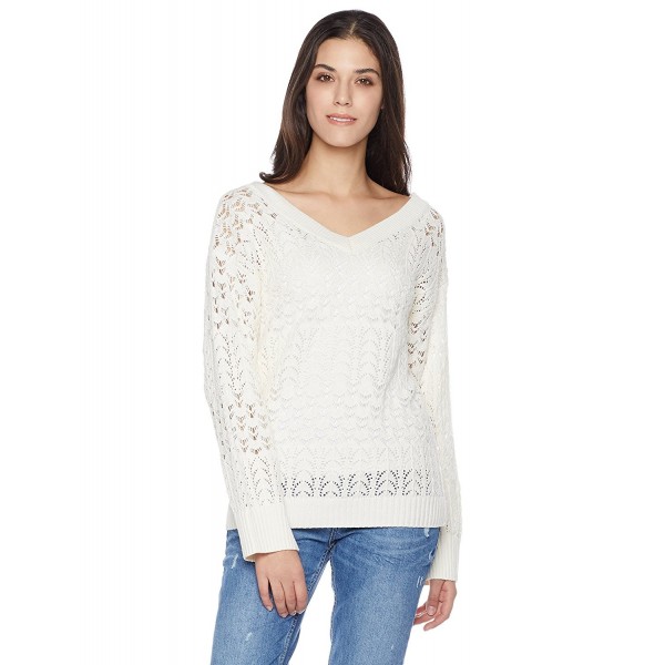 Women's V Neck 3/4 Sleeve Pointelle Pullover - White - CR189896KK0