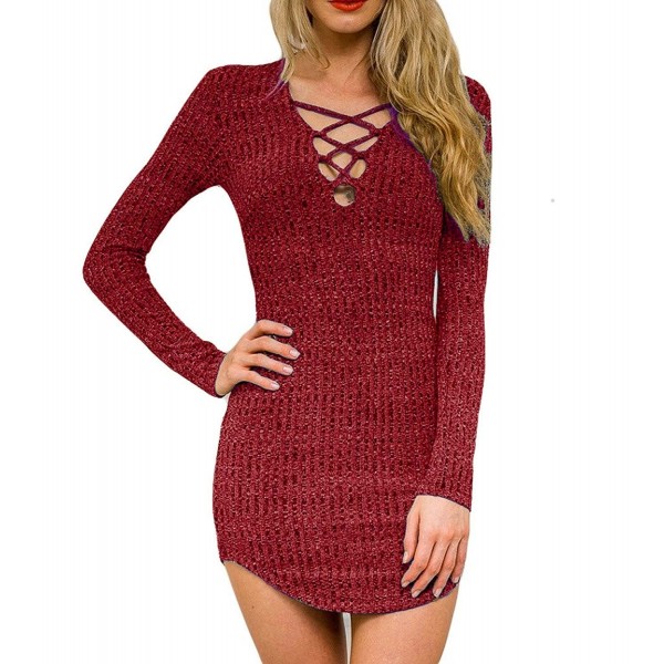 Women's Plunge Neck Lattice Lace Up Long Sleeve Bodycon Mini Dress ...