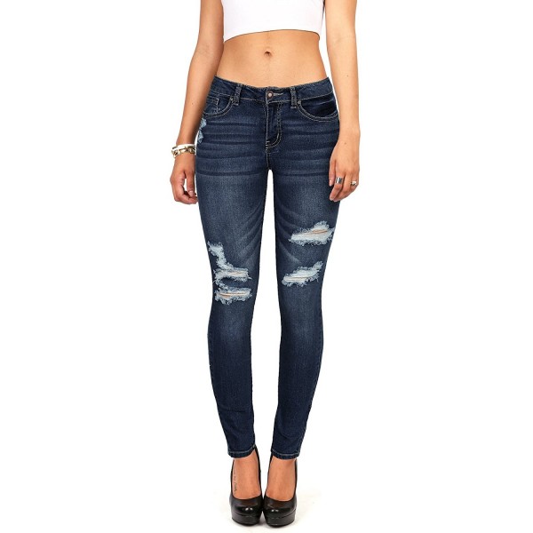 Women's Juniors Mid Rise Comfy Fitted Distressed Skinnys - Dark Denim ...