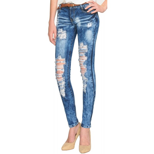 Women's Distressed & Ripped Skinny Mid Rise Blue Washed Jeans - C817Z7LGEGA