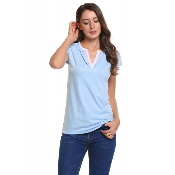 Women's Summer Short Sleeve V Neck Patchwork T Shirt Top Tee - Blue ...