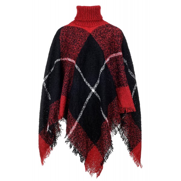 Women Poncho Sweater Knit Turtleneck Cape Pullover Shawl Tassels Plaid ...
