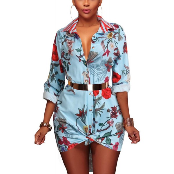 Women's Lapel Button Down Retro Long Sleeve Blouse Floral Print Party ...