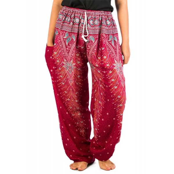 Women's Peacock Printed Drawstring Harem Pants - Peacock 1 Burgundy ...