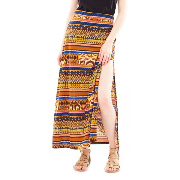 Women's Casual Printed Long Maxi Skirt - Brown Tribal - CM12B51GIFP