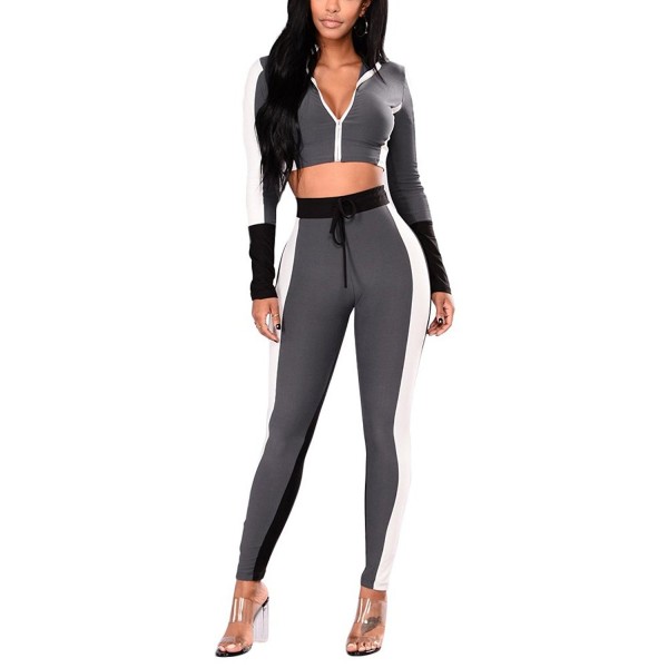 Women's Two Piece Set Sexy Outfits Long Sleeve Crop Top Pants Bodycon ...